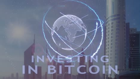 Investitionen-in-Bitcoin-Bargeld-Text-mit-3d-Hologramm-des-Planeten-Erde-vor-dem-Hintergrund-der-modernen-Metropole