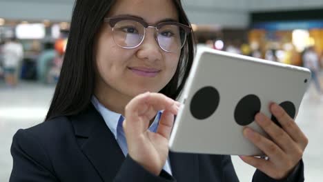 Señora-asiático-feliz-comunicarse-por-mensajería-en-tableta-en-aeropuerto