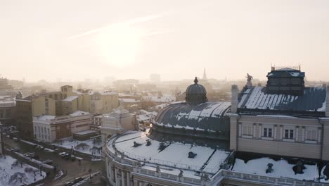 Cinematic-aerial-footage-of-opera-and-ballet-theatre-during-sunny-winter-day