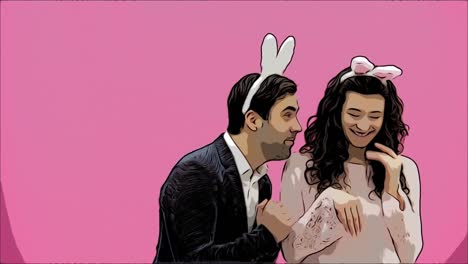 Young-couple-standing-standing-on-pink-background.-During-this-time,-they-are-dressed-in-rabble-ears.-Looking-at-each-other-smiles-sincerely.-Easter-Concept.