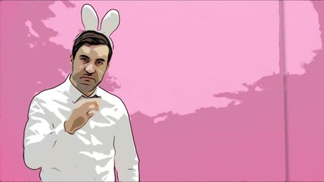 Beautiful-boy-standing-on-a-pink-background.-During-this-dressed-in-a-white-shirt.-Holding-a-carrot-wants-to-burn-it-like-a-cigar.-After-a-while,-he-throws-carrots-to-the-ground.-Dressed-in-white-rabbit-ears.-Easter.