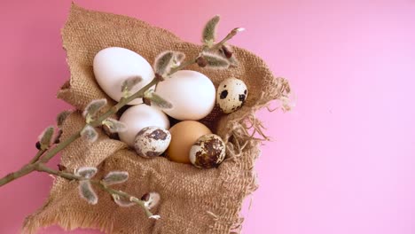 Easter-eggs-on-a-pink-background-with-a-sprig-of-willow