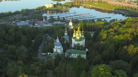 Aerial-view-of-the-Vydubychi-Monastery,-at-sunset,-Kyiv,-Ukraine