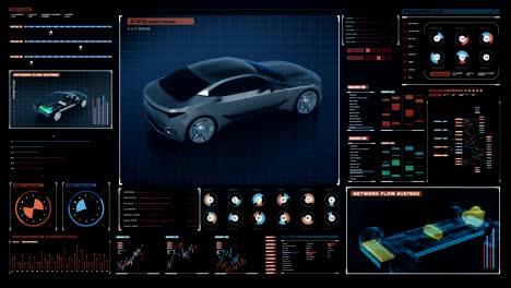 Rotierende-Elektronik,-Hybrid,-Batterie-Auto.-Scanansicht-in-futuristischer-Display-Oberfläche.-4k-Film.