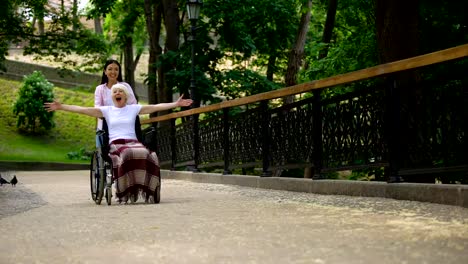 Happy-volunteer-pushing-wheelchair-with-positive-old-lady,-joyful-female-patient