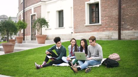 Mixed-race-students-siting-on-the-pleasant-grass-behind-campus