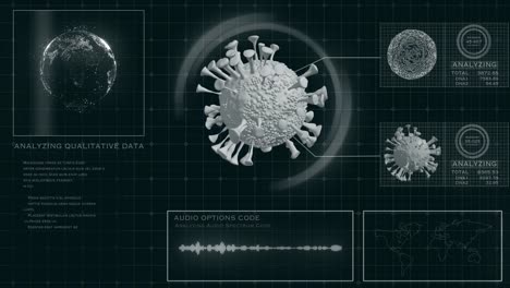 Futuristic-HUD-Head-up-display-screen,-animation-of-virus-study-and-analysis-by-technology-.Medical-technology-laboratory-concept.