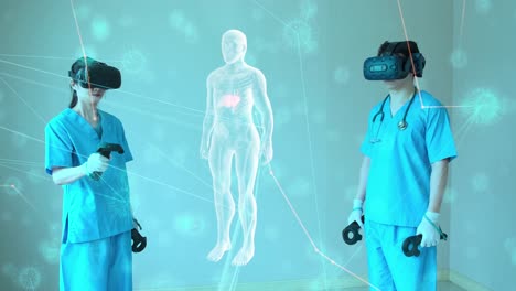 Arzt-und-Krankenschwester-tragen-VR-Brille-3D-Körper-Scan-analysieren-Hologramm,-AR-Technologie-Gesundheitsforschung.-Zukünftige-digitale-Technologie-futuristischer-Hintergrund.