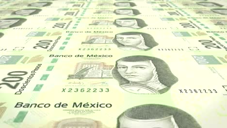 Billetes-de-200-pesos-mexicanos-del-Banco-de-México-rodando-en-pantalla,-monedas-del-mundo,-dinero-en-efectivo,-bucle