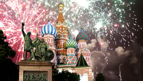 Cathedral-of-Intercession-of-Most-Holy-Theotokos-on-the-Moat-(-Temple-of-Basil-the-Blessed)-and-fireworks,--Red-Square,-Moscow,-Russia