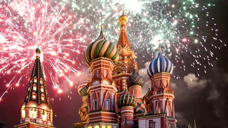 Cathedral-of-Intercession-of-Most-Holy-Theotokos-on-the-Moat-(-Temple-of-Basil-the-Blessed)-and-fireworks,--Red-Square,-Moscow,-Russia