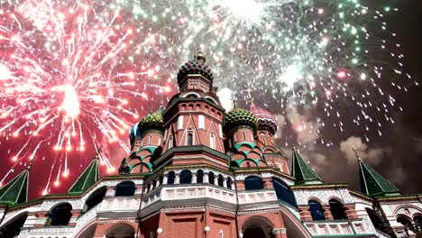 Cathedral-of-Intercession-of-Most-Holy-Theotokos-on-the-Moat-(-Temple-of-Basil-the-Blessed)-and-fireworks,--Red-Square,-Moscow,-Russia