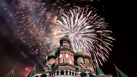 Cathedral-of-Intercession-of-Most-Holy-Theotokos-on-the-Moat-(-Temple-of-Basil-the-Blessed)-and-fireworks,--Red-Square,-Moscow,-Russia