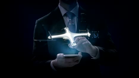 Businessman-touch-smart-phone,-mobile,-Rotating-Drone,-Quadrocopter,-with-futuristic-user-interface,-Virtual-graphic.-4k.