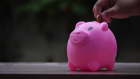 Hand,-setzen-Münzen-in-einem-Rosa-Sparschwein,-sparen-Geld-Konzept