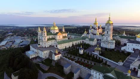 Aerial-view-of-Holy-Dormition-Pochayiv-Lavra,-an-Orthodox-monastery-in-Ternopil-Oblast-of-Ukraine.-Eastern-Europe