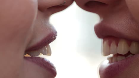 Close-up-of-Lesbian-couple-mouth-talking-to-each-other,-gossiping-and-in-conversation