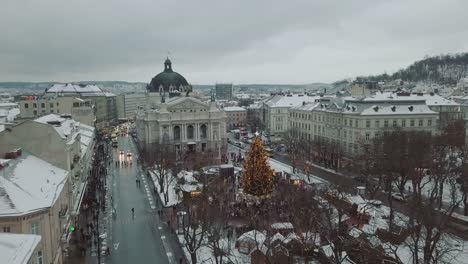 Lviv,-Ukraine.-Arial-shot.-Opera-house.-Christmas-tree.-Christmas-Fair.-People-are-walking-around-the-city-center.-Winter