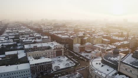 Cinematic-aerial-footage-of-old-city-center-and-opera-and-ballet-theatre-during-sunny-winter-day