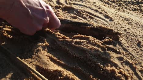 Man-is-looking-for-coins-in-the-sand.-Search-for-antique-coins.