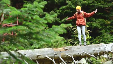 Chica-delgada-caminando-a-lo-largo-de-un-tronco-a-través-de-un-río-de-montaña-en-el-bosque