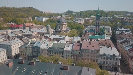 Aerial-City-Lviv,-Ukraine.-European-City.-Popular-areas-of-the-city.-Dominican