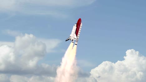 Space-Shuttle-fliegt-ins-All,-Himmel-mit-Wolken-im-Hintergrund