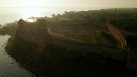 Aerial-view-of-the-Old-fortress-in-Belgorod-Dniester-at-Sunrise,-Ukraine