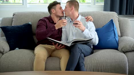 Gay-couple-relaxing-on-couch.-Wide-shot.-Cheering-to-success-together.