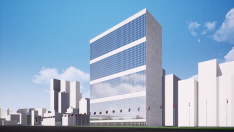 UN-headquarters-in-New-York-seamless-footage.-United-Nations,-international-government-office-looped-animation.-Manhattan-landmark.-General-assembly-building-with-member-countries-flags-video