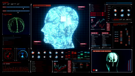 Cabeza-del-cerebro-forma-líneas-digitales-en-pantalla-digital,-inteligencia-artificial