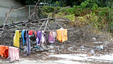 Los-pobres-seco-cosas-sobre-las-ramas-en-los-árboles.-Pobres-personas-sin-hogar-en-seco-sus-cosas-en-las-calles-de-la-ciudad