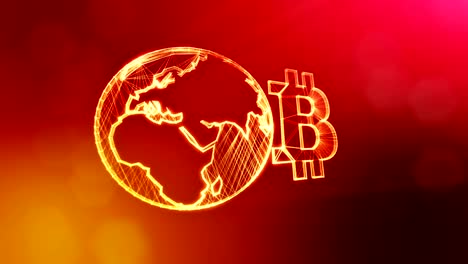 Sign-of-bitcoin-and-earth,-the-globe.-Financial-background-made-of-glow-particles-as-vitrtual-hologram.-Shiny-3D-loop-animation-with-depth-of-field,-bokeh-and-copy-space..-Red-background-v1