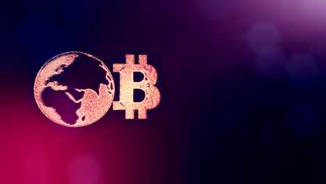 Sign-of-bitcoin-and-earth,-the-globe.-Financial-background-made-of-glow-particles-as-vitrtual-hologram.-Shiny-3D-loop-animation-with-depth-of-field,-bokeh-and-copy-space.Violet-background-1.