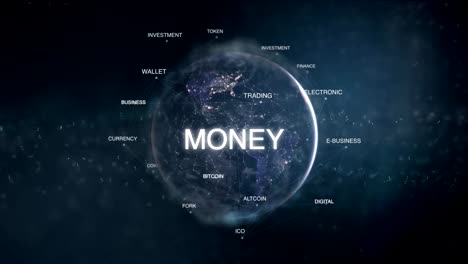 Futuristic-bitcoin-cryptocurrency-oriented-words-cloud-blue-modern-animation-loop.-3D-technology-earth-from-space-word-set-including-blockchain,digital,money.Crypto-business-concept.Loopable-FullHD-video