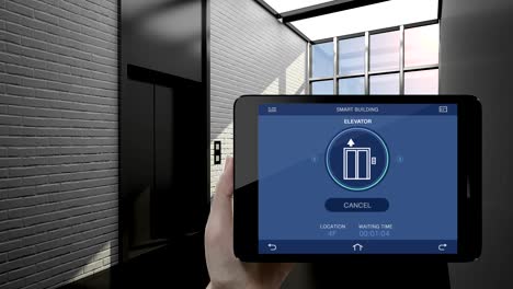 Steuern,-Auto-Lift-im-Smart-Building,-mit-smart-Pad,-tablet.-Internet-der-Dinge,-die-intelligente-Stadt-zu-bauen.