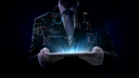 Businessman-lifting-tablet,-graphic-user-interface,-Futuristic-digital-display,-grow-artificial-intelligence.-4k-movie.2.