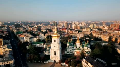 Saint-Sophia's-Cathedral,-square.-Kiev-Kiyv-Ukraine-with-Places-of-Interest.-Aerial-drone-video-footage.-Sunrise-light.-City-panarama.-Summer-time