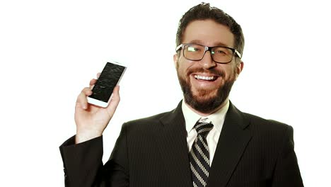 The-concept-of-a-broken-gadget.-Crazy-smiling-Manager,-happy-he-broke-the-smartphone-and-now-no-one-bothers-him.