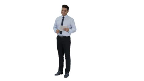 Happy-businessman-walking-in-and-using-tablet-turning-on-something-or-opening-something-on-white-background