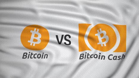 Bitcoin-vs-Bitcoin-Bargeld,-Kryptowährung-harte-Gabel-Clash-Konzept-Flagge-animiert