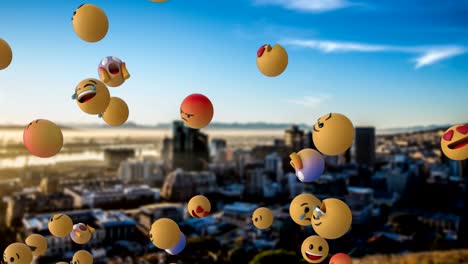 Iconos-Emoji-volando-sobre-el-paisaje-urbano-4k