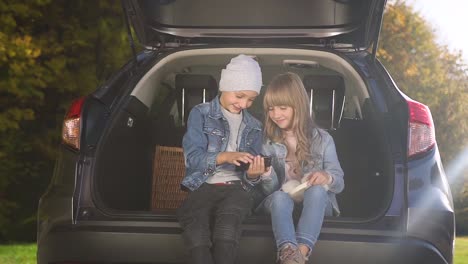 Encantador-alegre-hermano-adolescente-y-hermana-sentados-juntos-en-el-maletero-del-coche-y-jugando-juego-de-teléfono