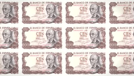 Banknoten-von-hundert-spanischen-Pesetas-der-Bank-von-Spanien-rollen-auf-dem-Bildschirm,-Münzen-der-Welt,-Bargeld,-Schleife