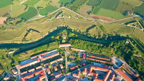 Aerial-view-of-nonagon-town-wall-or-star-fort-of-Palmanova,-Italy