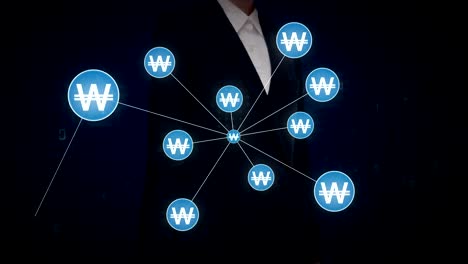 Empresaria-tocar-ganó-símbolo-de-moneda,-numerosos-puntos-se-reúnen-para-crear-un-signo-de-moneda,-puntos-hace-mundial-mapa,-internet-de-las-cosas.-tecnología-financiera