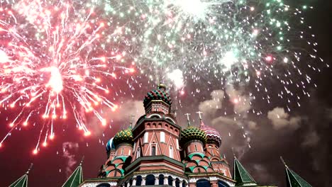 Cathedral-of-Intercession-of-Most-Holy-Theotokos-on-the-Moat-(-Temple-of-Basil-the-Blessed)-and-fireworks,--Red-Square,-Moscow,-Russia