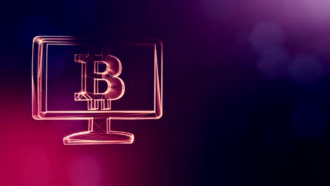 Bitcoin-Logo-im-Innern-des-Monitors.-Finanzieller-Hintergrund-aus-Glühen-Teilchen-als-Vitrtual-Hologramm.-Glänzende-Schleife-3D-Animation-mit-Tiefe-Feld,-Bokeh-und-Kopie.-Violette-Farbe-v2