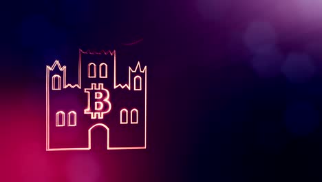 logo-bitcoin-inside-the-emblem-of-the-castle.-Financial-background-made-of-glow-particles-as-vitrtual-hologram.-Shiny-3D-loop-animation-with-depth-of-field,-bokeh-and-copy-space.-Violet-color-v2