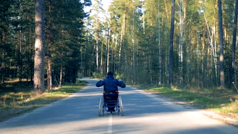 Man-on-a-wheelchair,-riding-in-forest,-back-view.